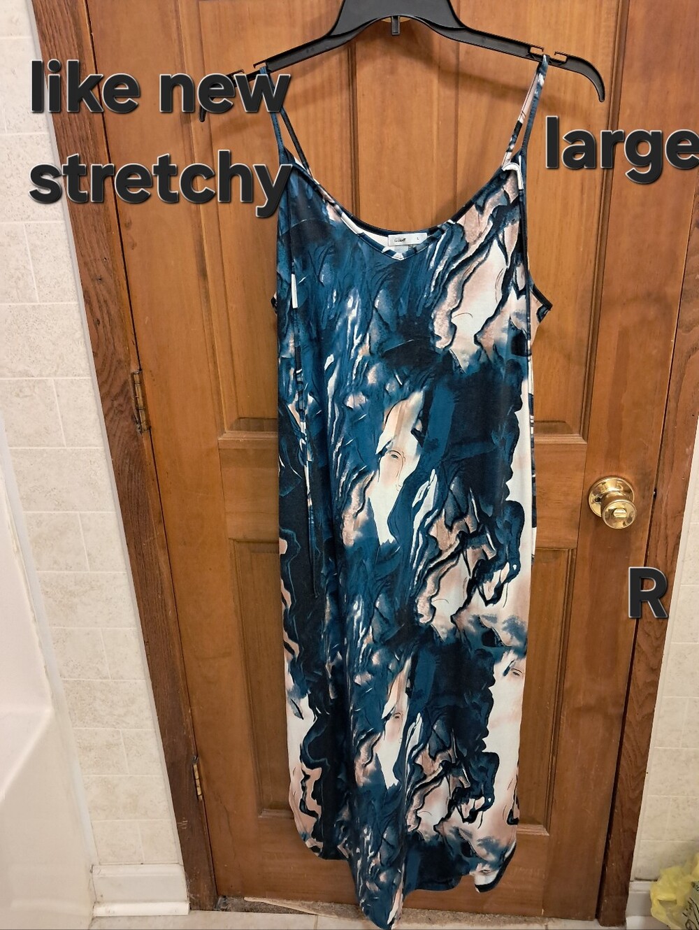 Sleeveless V-neck Marble-Print Slip Dress in Teal and Cream Size Large By WIHOLL